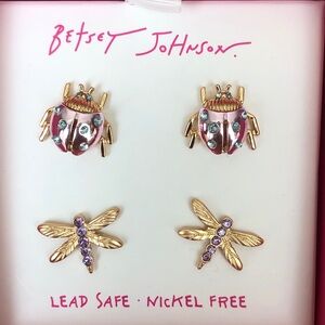 Betsey Johnson 2 Pair Stud Earring Set Ladybug & Dragonfly Crystal Accents NWT